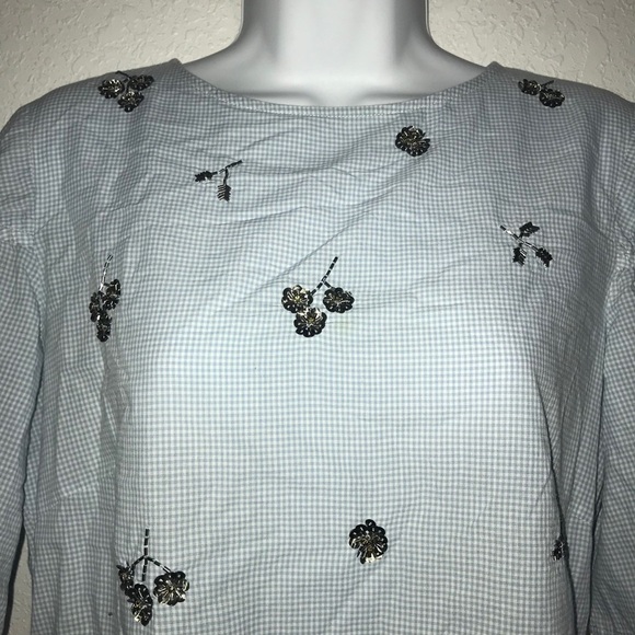 H&M Gingham Sequin Beaded Peplum Top 10 Blue - Picture 2 of 5